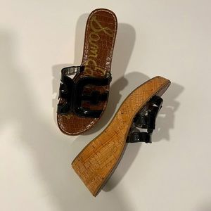 Sam Edelman Regis Wedge Sandals Heels Black Patent Slides Open Toe Cork Leather